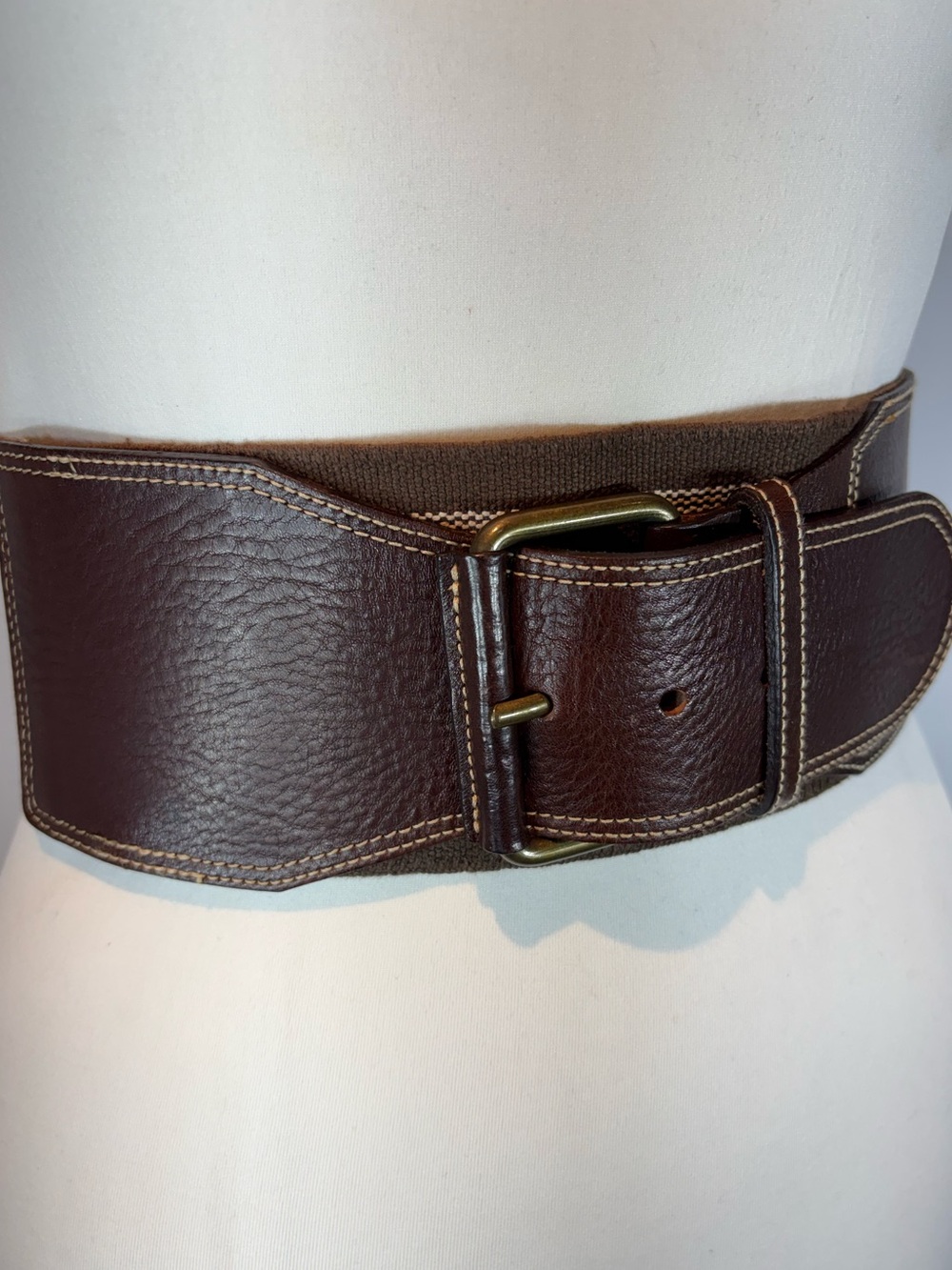 Orwell Brown Leather & Cream Striped Wide Stretch Belt S/M
